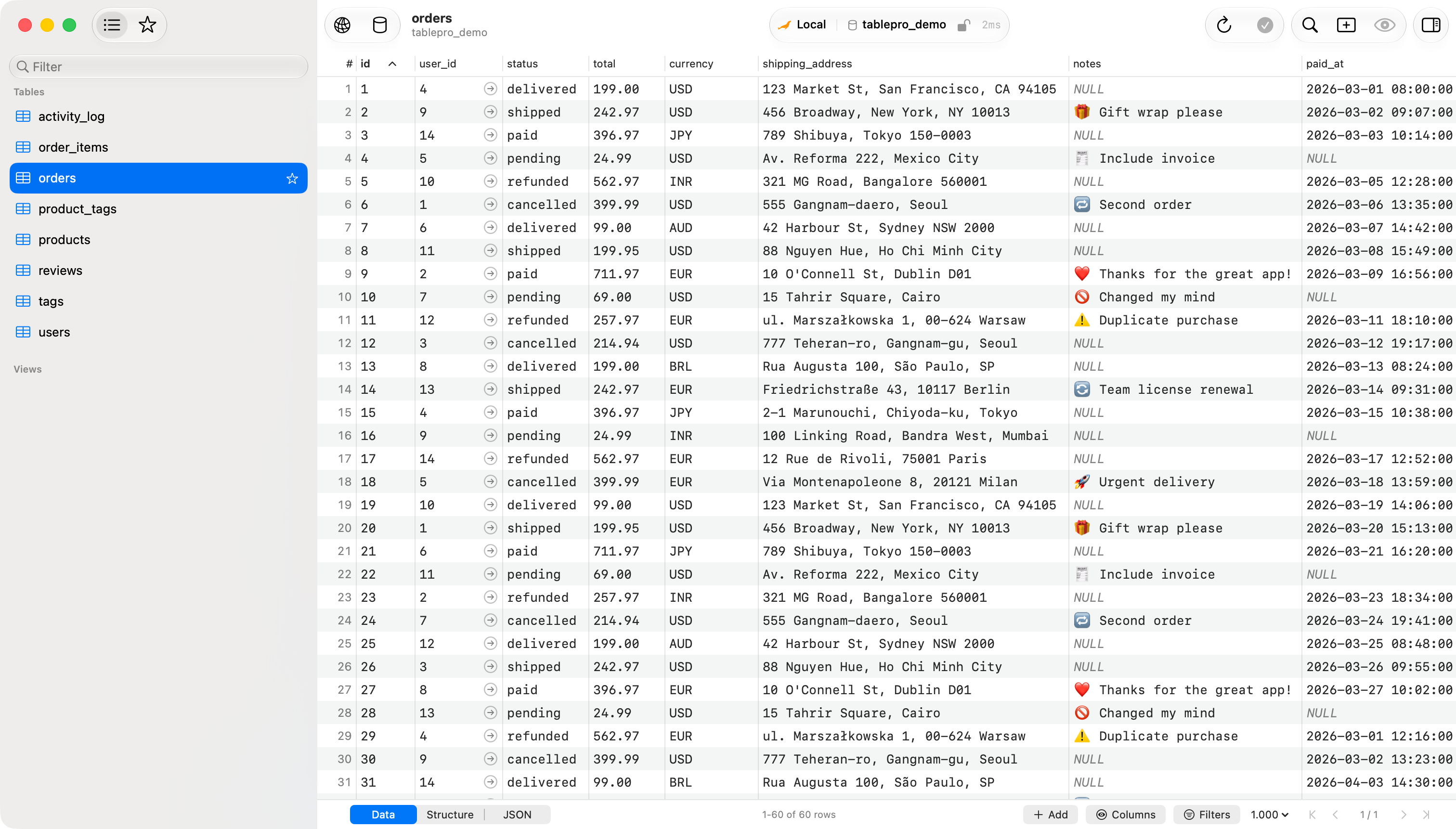 TablePro on macOS: the orders table open in the data grid, sixty rows deep, with the connection sidebar on the left.