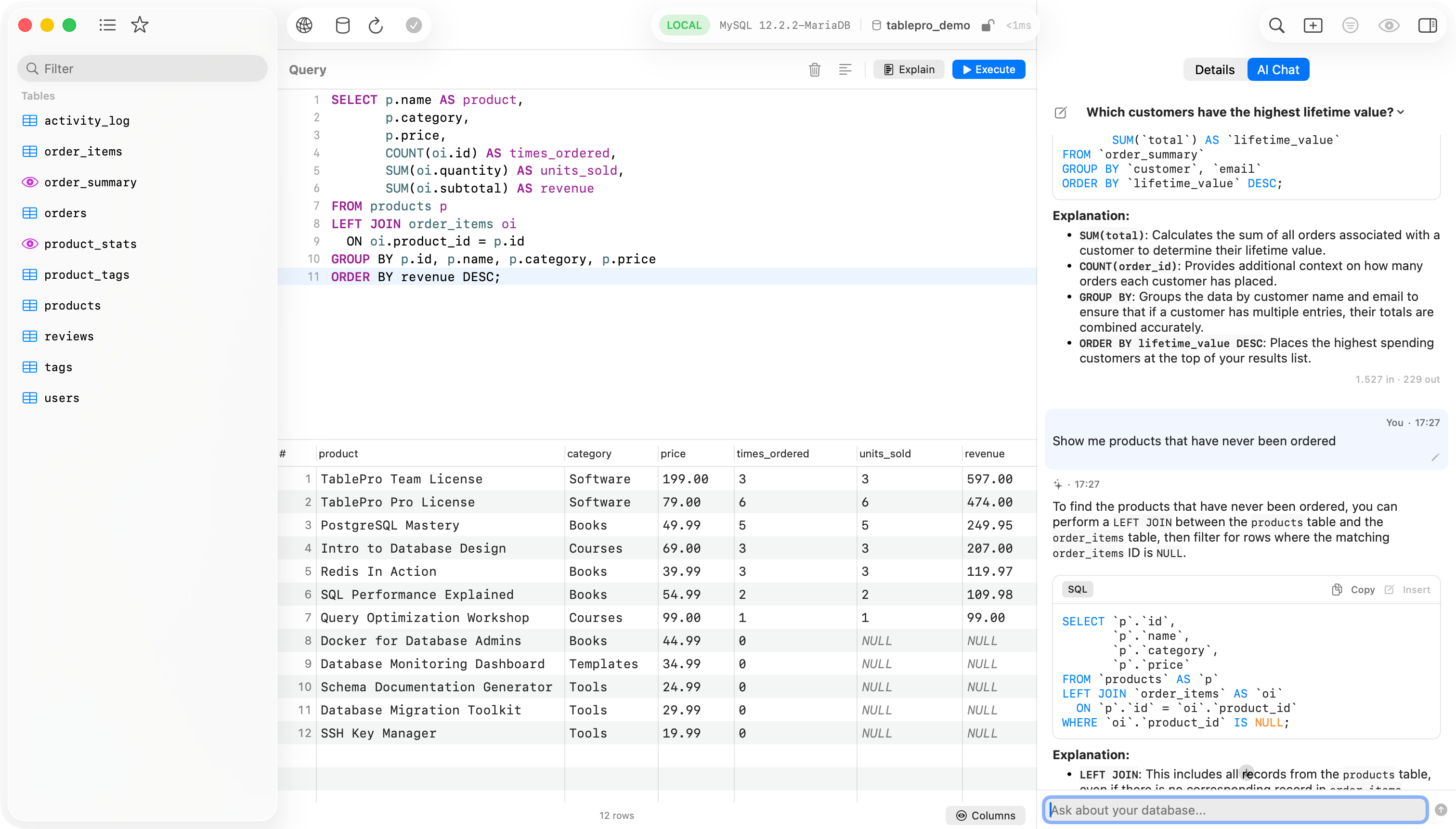 The AI assistant answering a question in a side panel, with the SQL it generated and a step-by-step explanation.