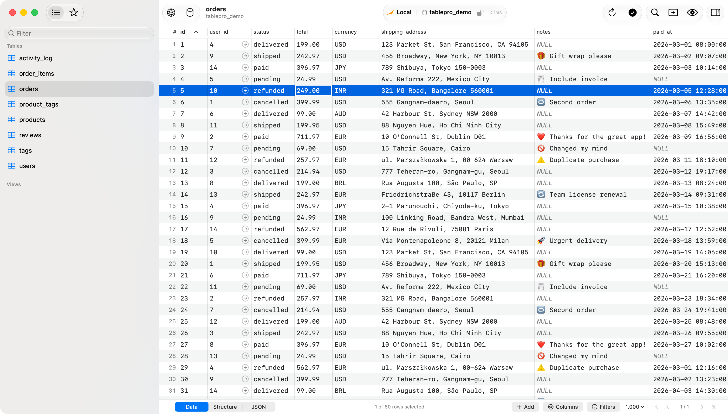 The data grid with an edited cell highlighted and the save control live, the change still only in memory.