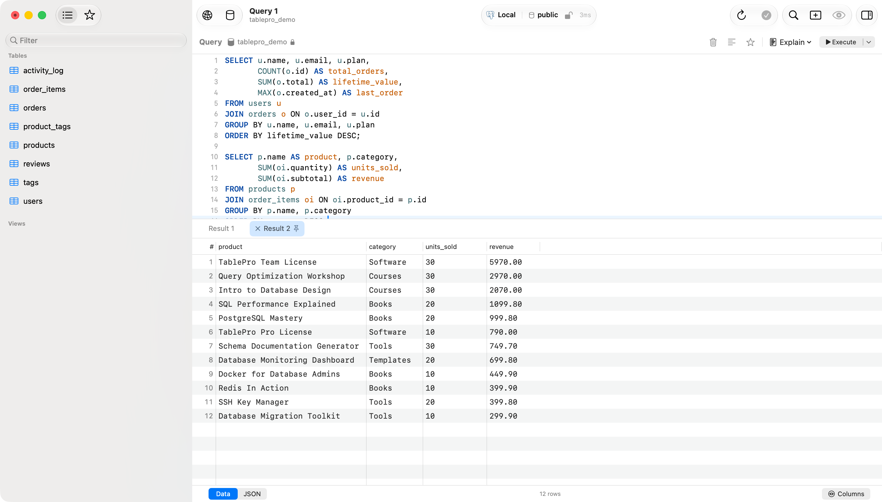 The SQL editor with a multi-statement query and its result tabs below.