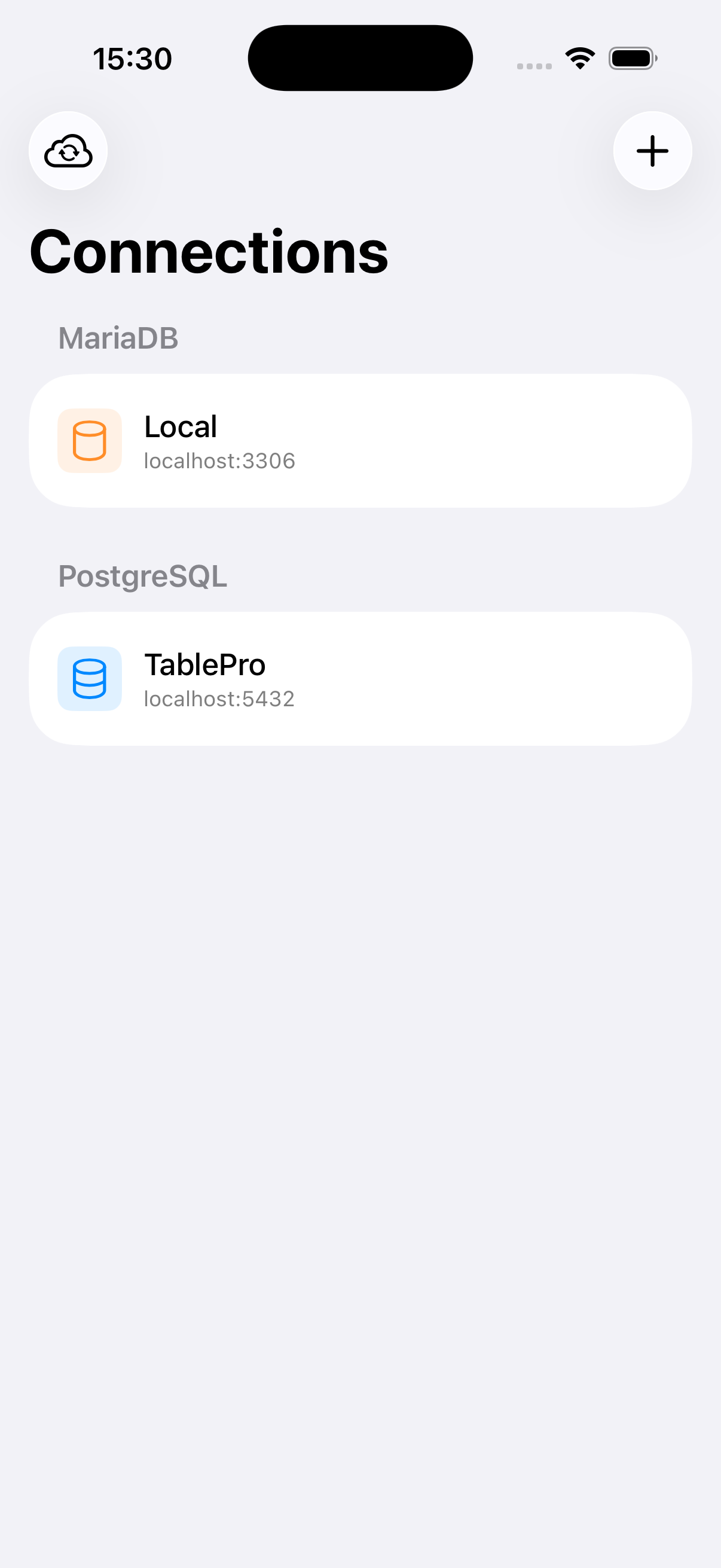 TablePro on iPhone, showing the connection list.